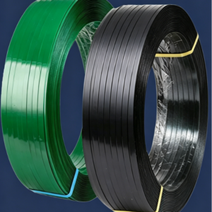 Green and black PET strapping coils for pallet securing and cargo protection