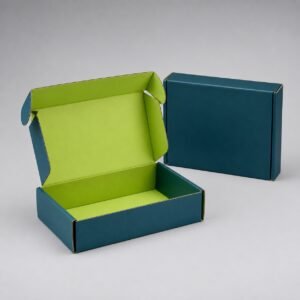 Open custom color corrugated mailer box with contrasting interior
