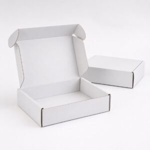 Open and closed white corrugated mailer boxes for retail and online orders