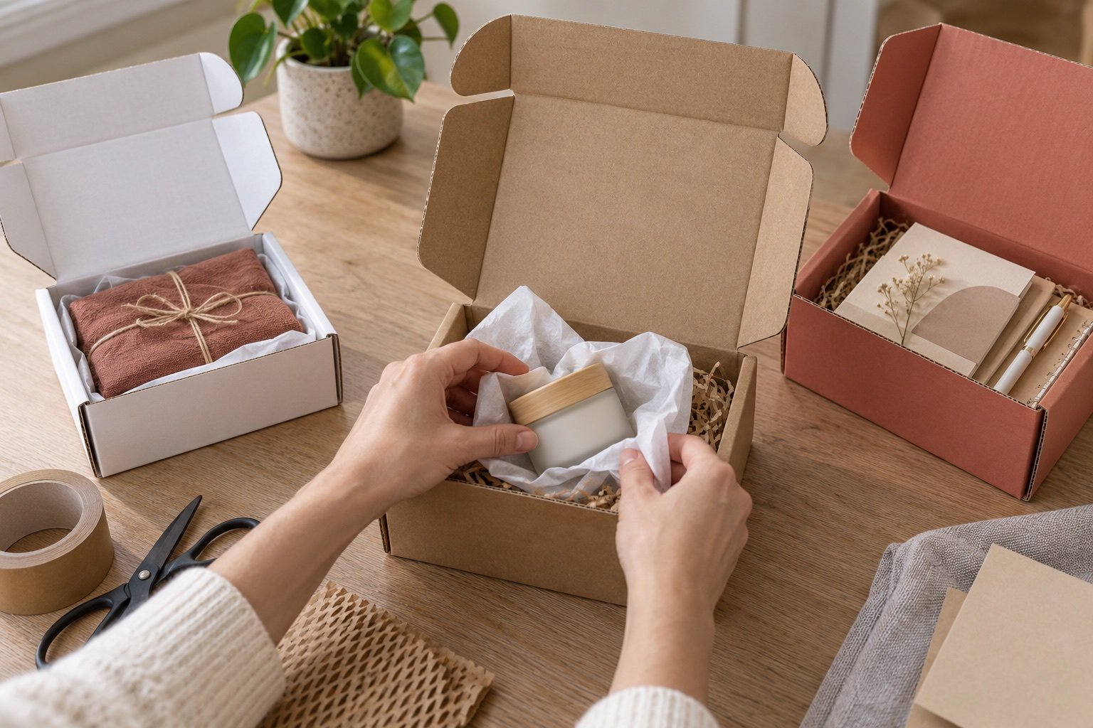 Illustration of items being packed in self-locking corrugated mailer boxes