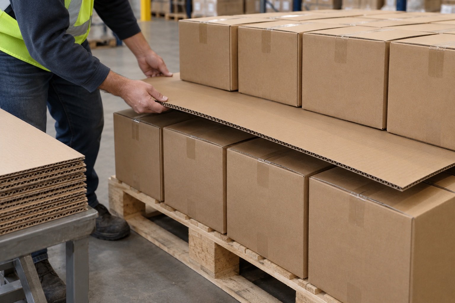 Illustration of flat corrugated sheets separating tiers of cartons