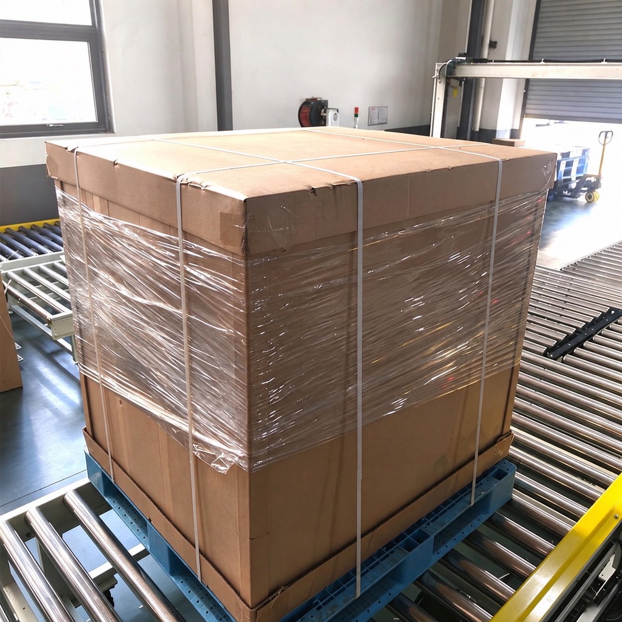 Carton load secured with white plastic straps on a packing line