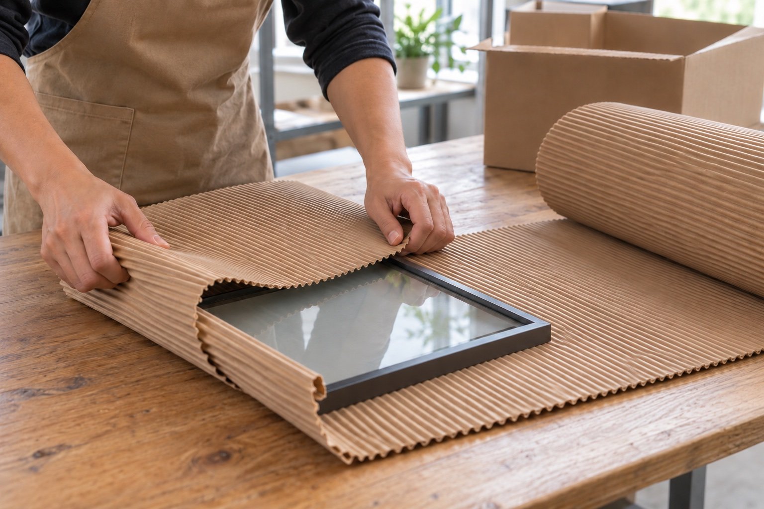 Illustration of single-face fluted corrugated paper wrapping a framed glass panel
